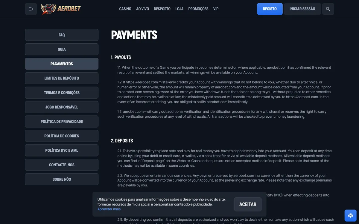Aerobet Casino — «Платежи», снято из страны Бразилия