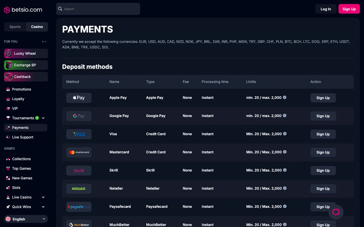 Betsio Casino — Payments, captured from United Kingdom