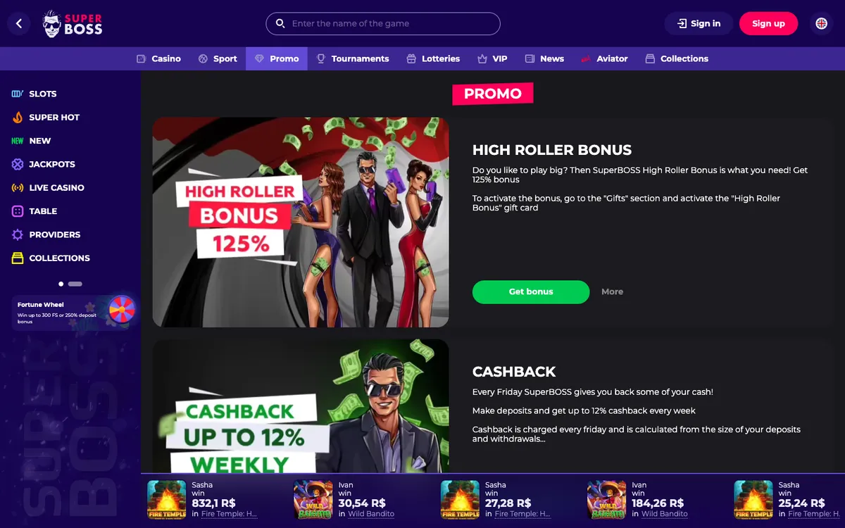 SuperBoss Casino — Promotions, captured from Belgium