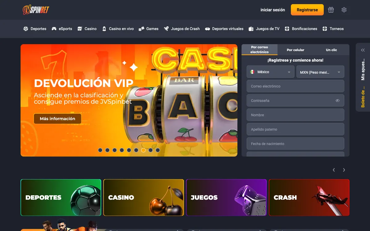 JVSPINBET Casino — Home page, captured from Mexico