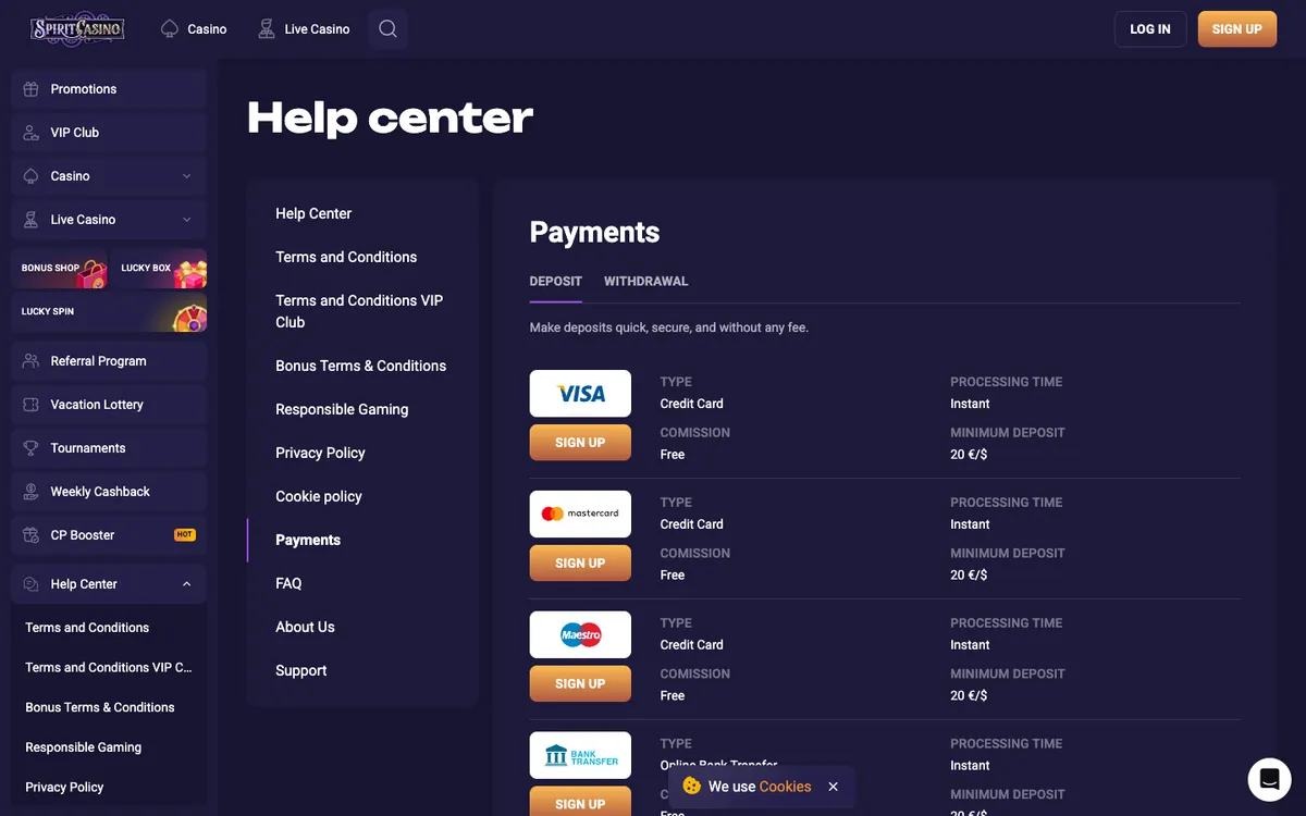 Spirit Casino — Payments, captured from Japan