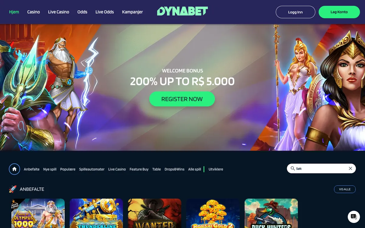 Dynabet Casino — Home page, captured from Norway