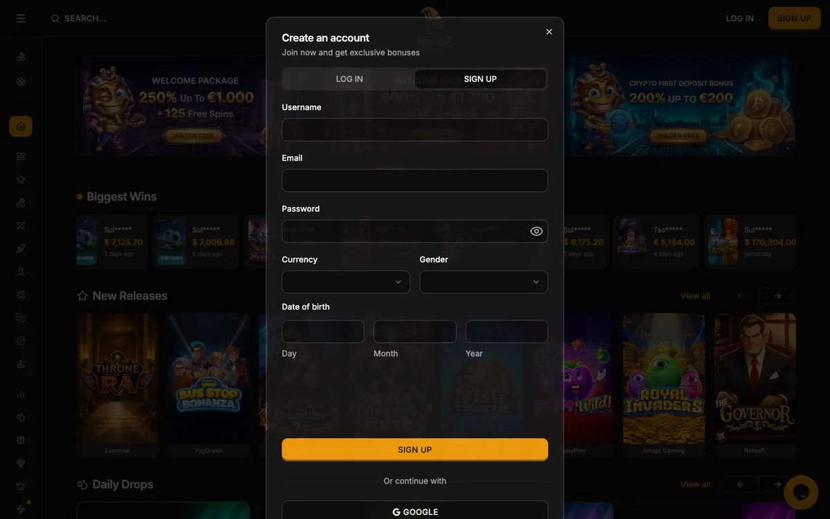 Horus Casino — «Регистрация», снято из страны Испания
