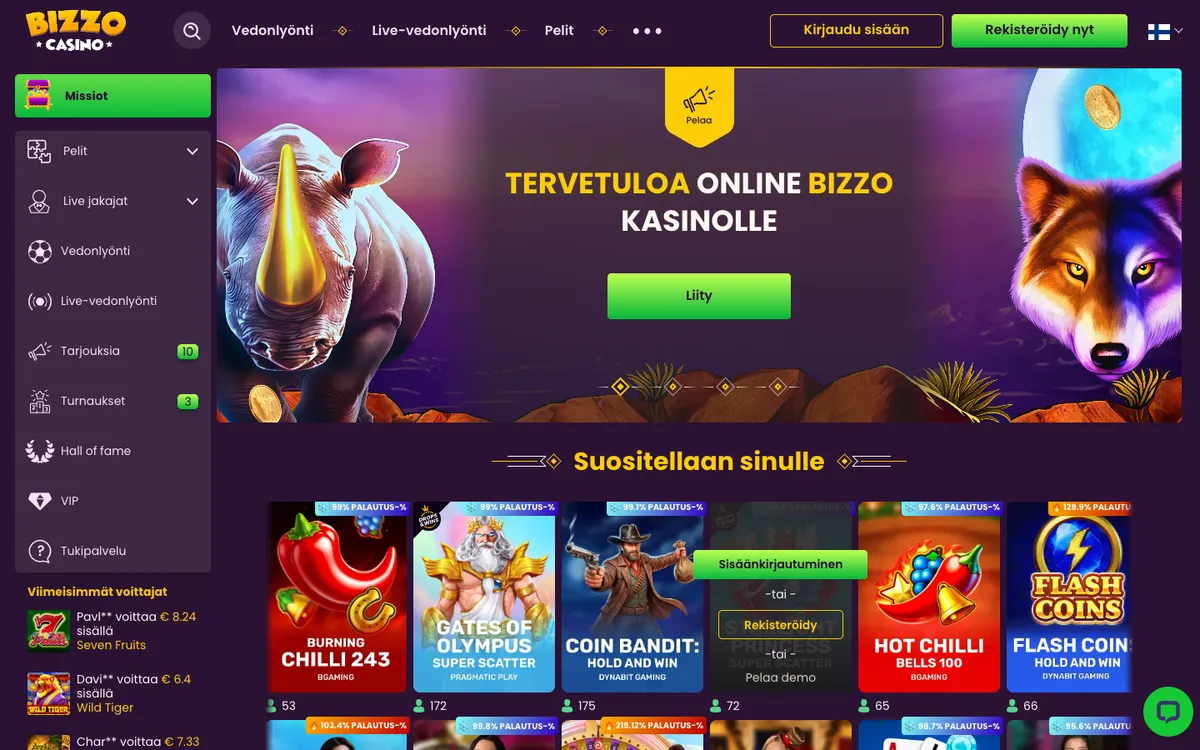 Bizzo Casino — Home page, captured from Finland