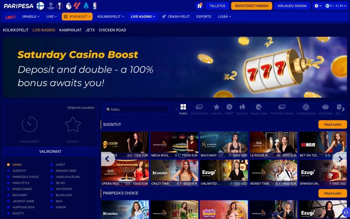 Paripesa Casino — Home page, captured from Finland