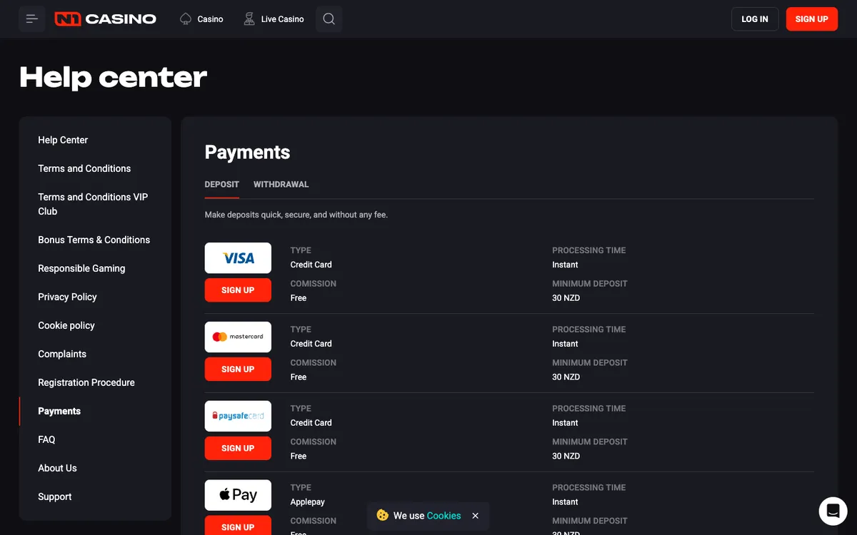 N1 Casino — Payments, captured from New Zealand