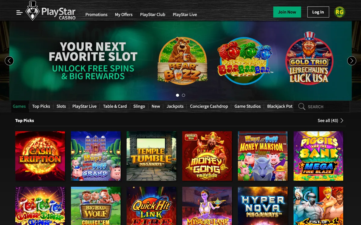 PlayStar Casino USA — Home page, captured from United States