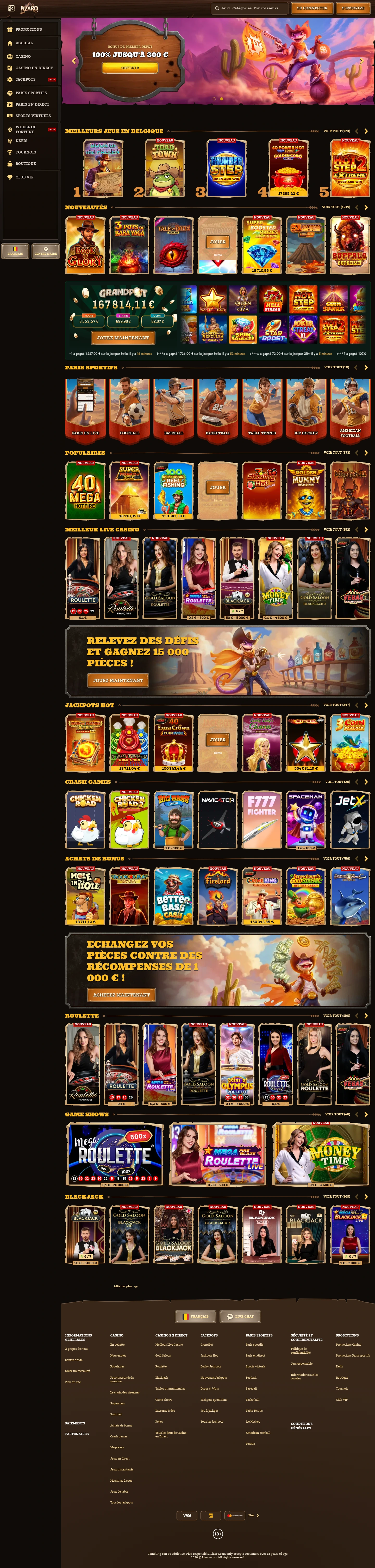 Lizaro Casino — Home page, captured from Belgium