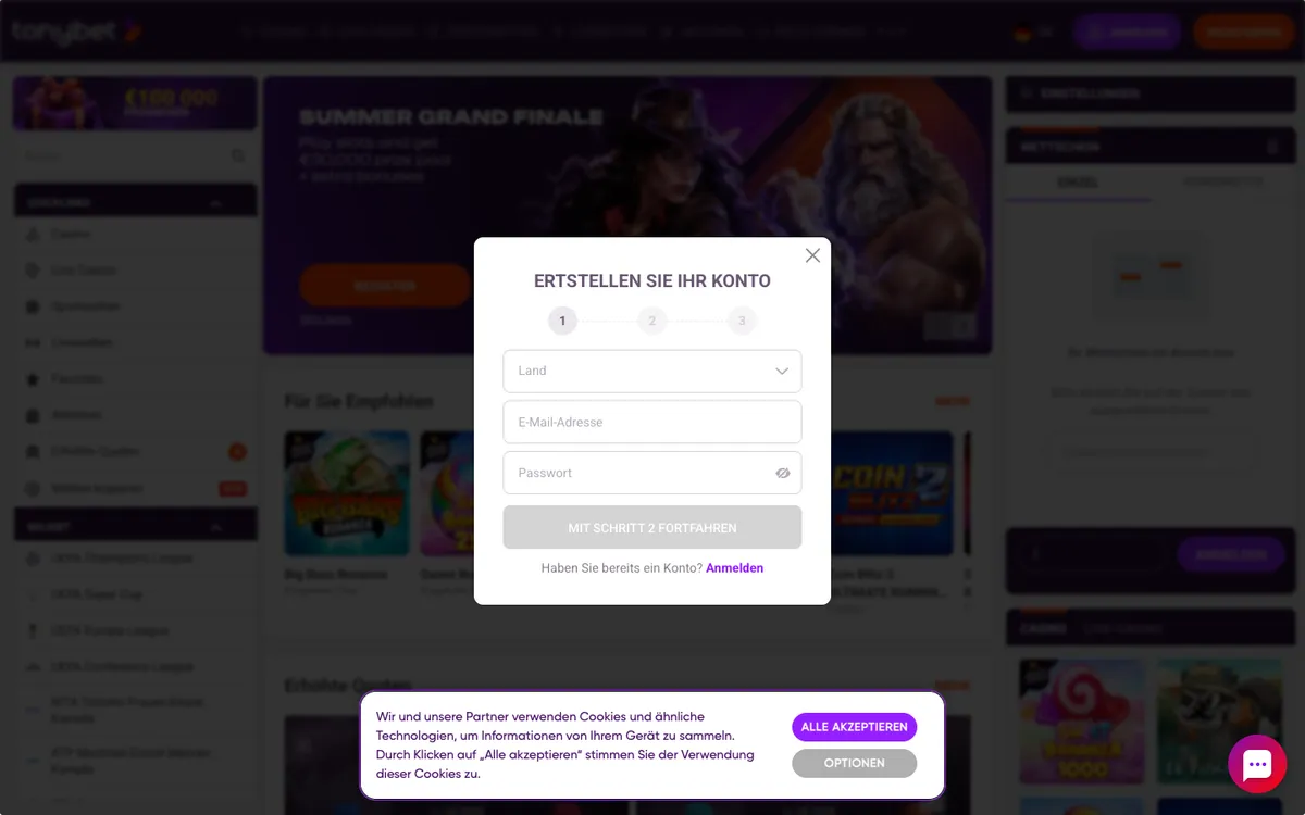 TonyBet Casino — Home page, captured from Austria