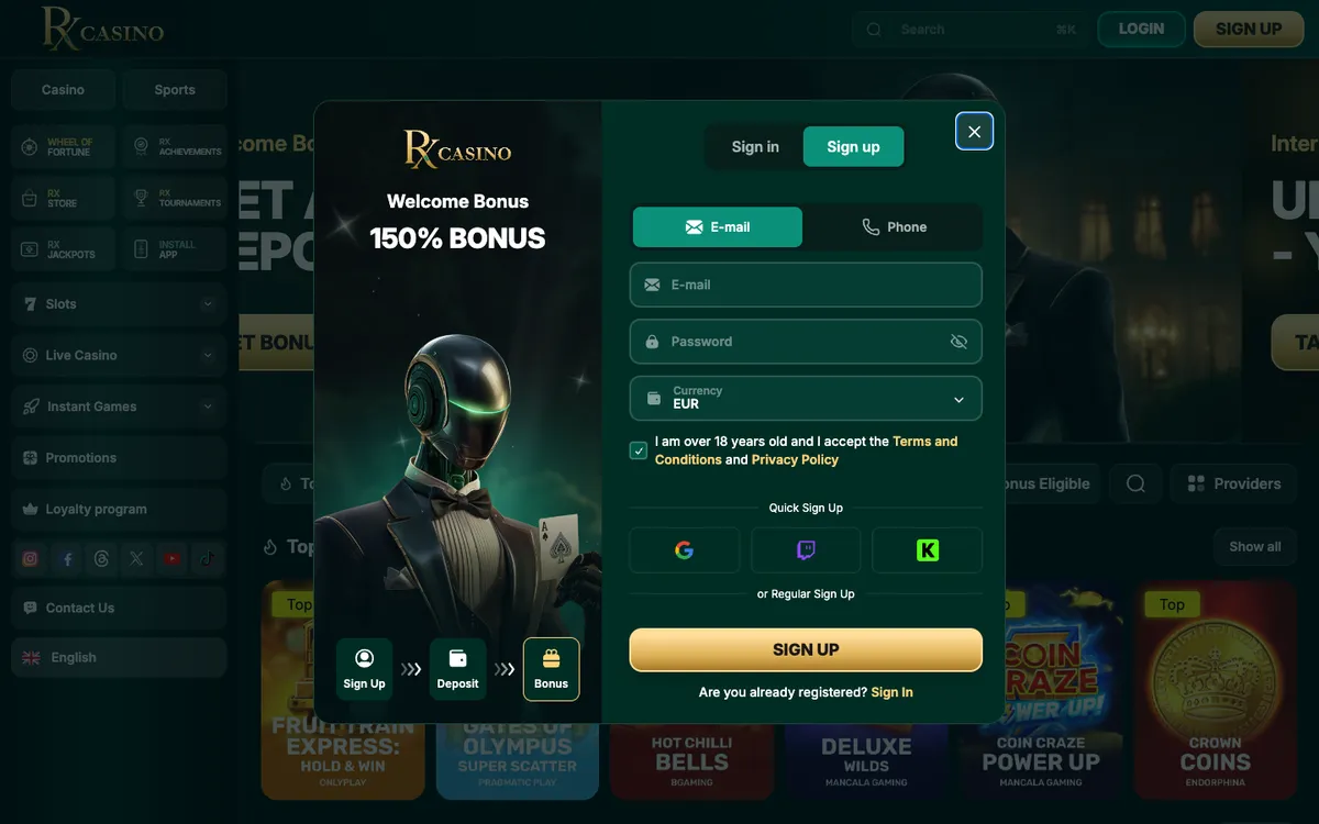 RX Casino — «Регистрация», снято из страны Германия