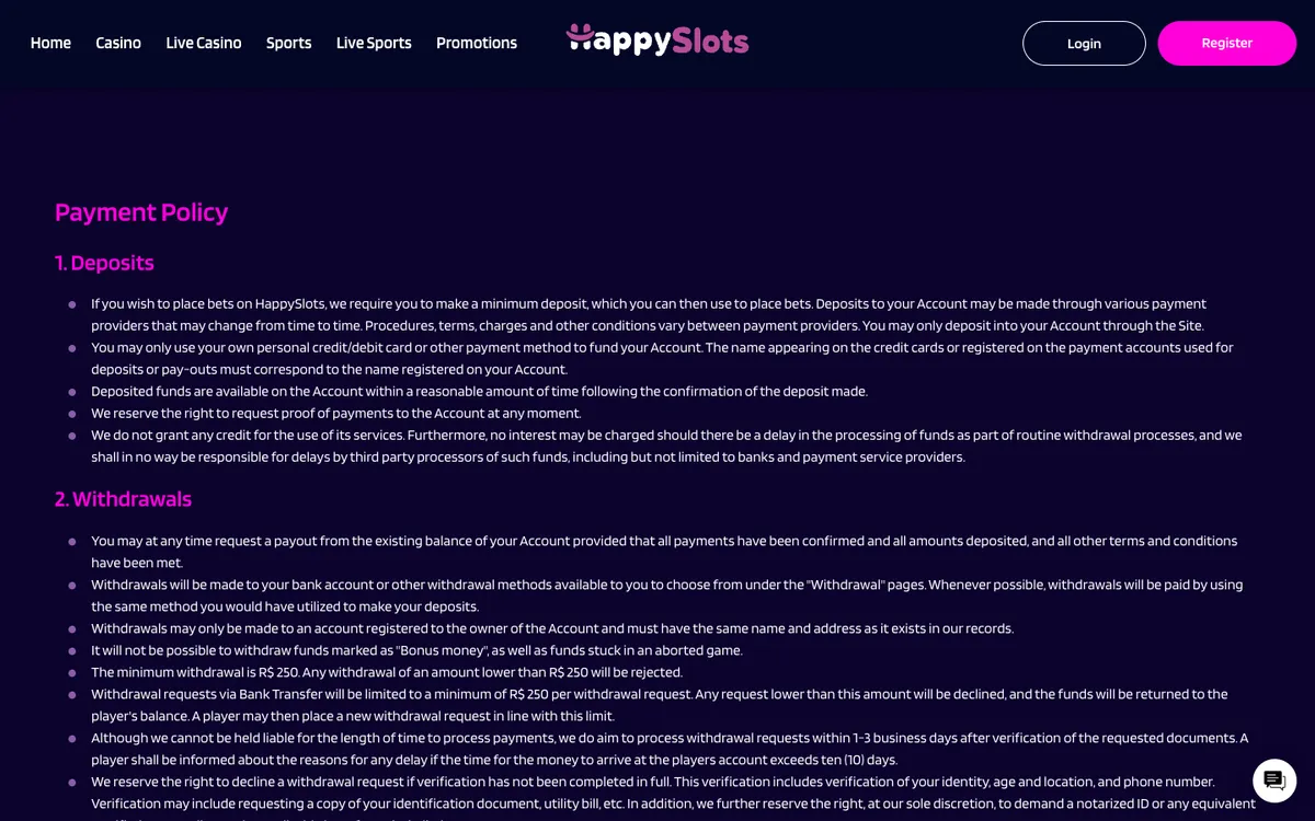 HappySlots Casino — Payments, captured from Belgium