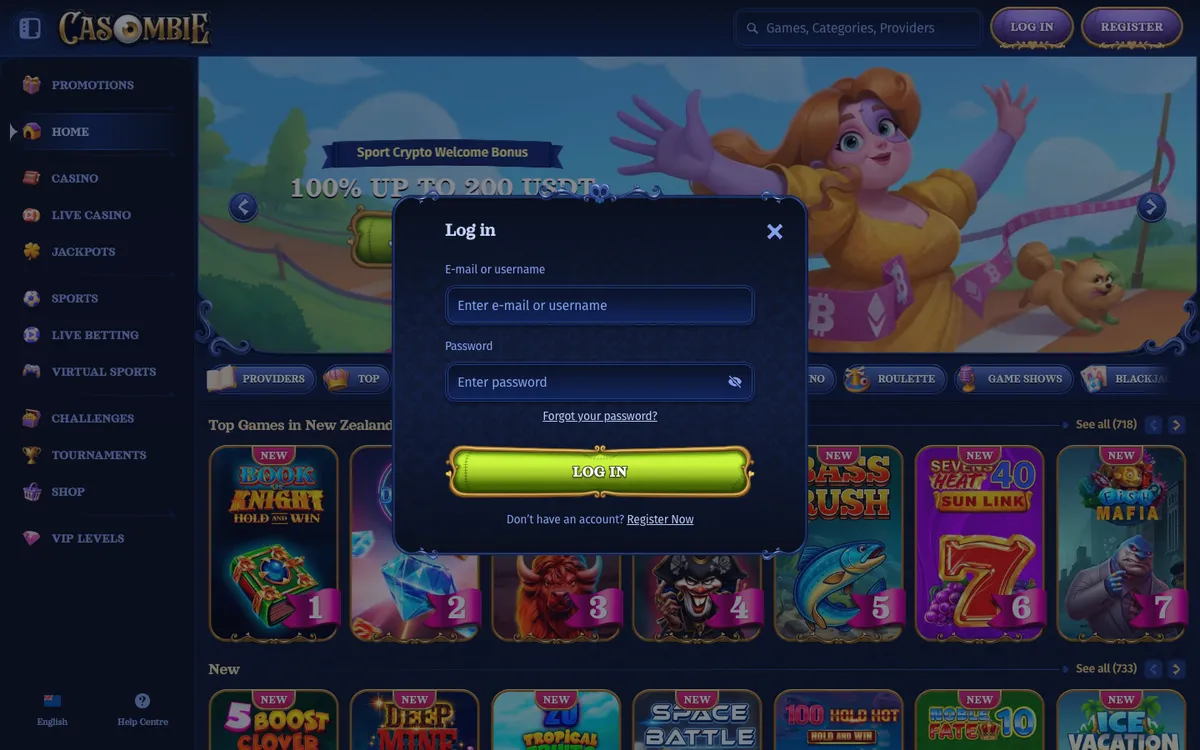 Casombie Casino — «Регистрация», снято из страны Новая Зеландия