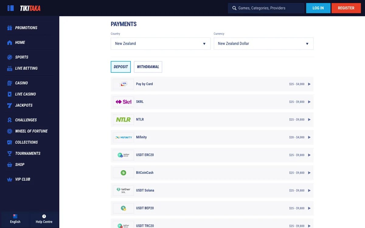 TikiTaka Casino — Payments, captured from New Zealand