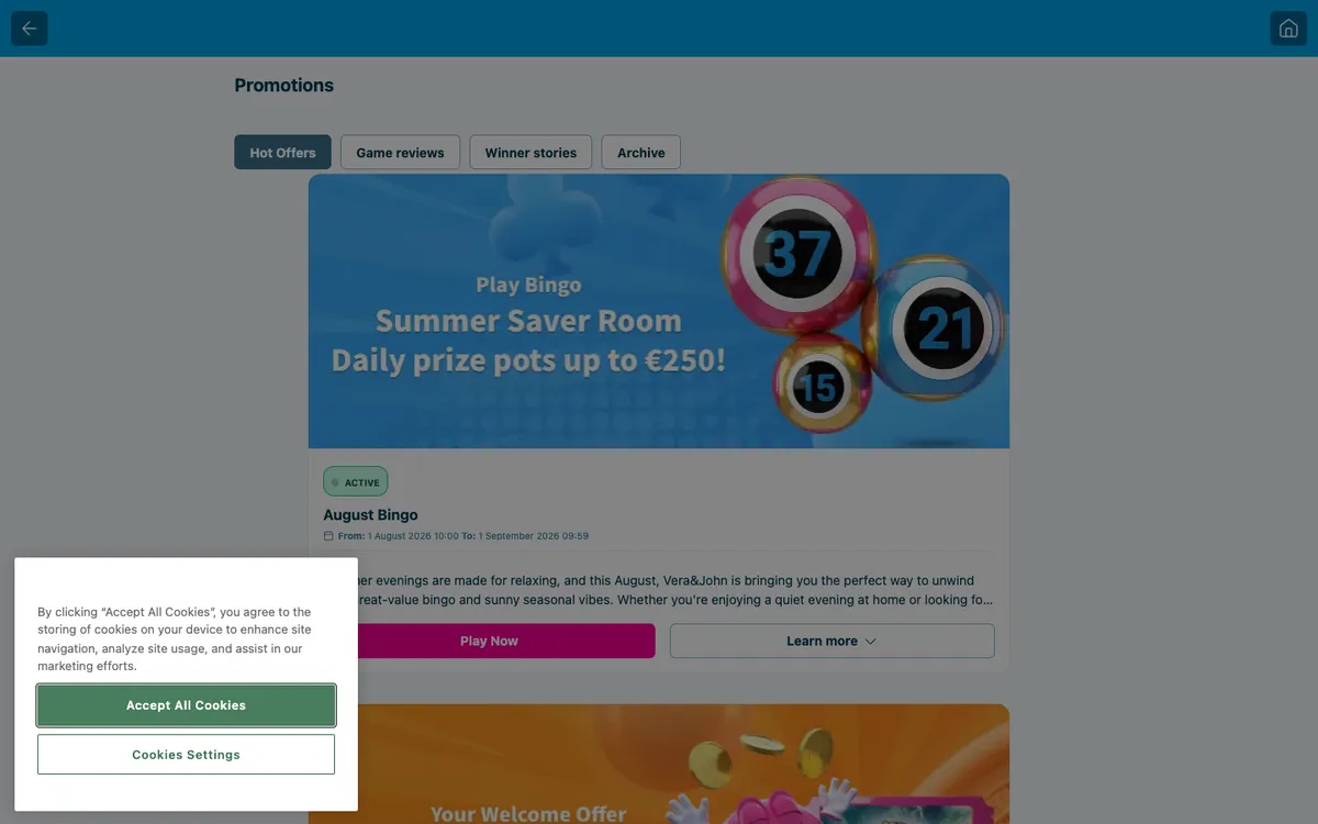 Vera John Casino — Promotions, captured from Brazil