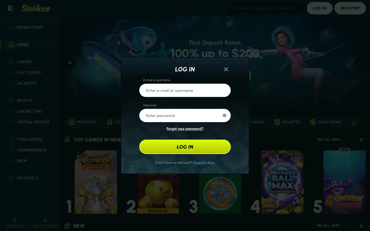 Slotexo Casino — Sign-up, captured from New Zealand