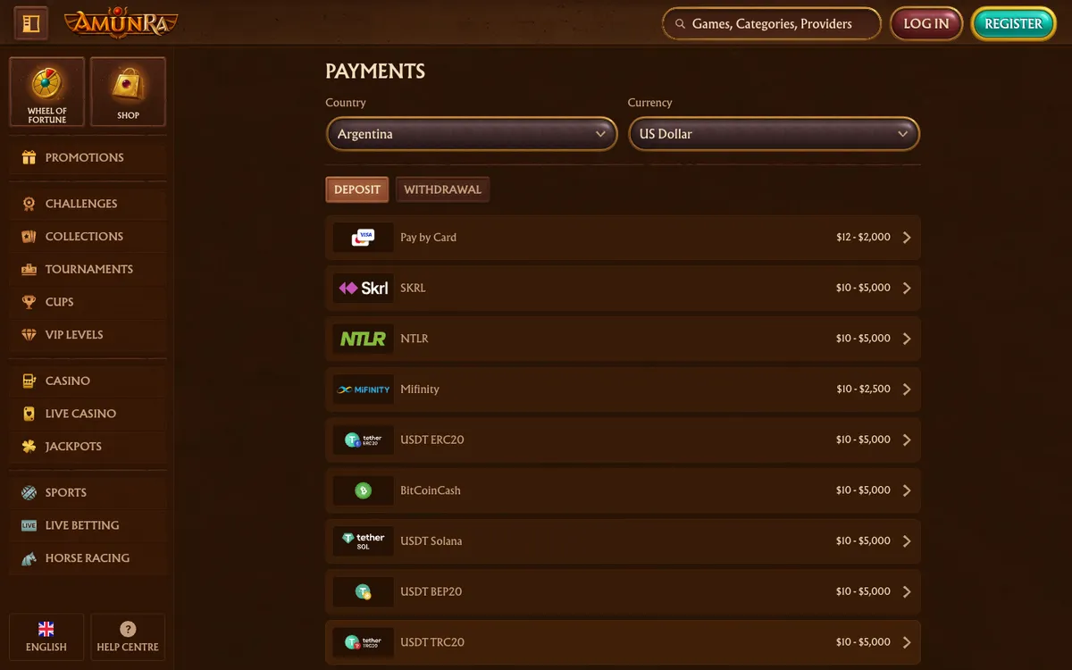 AmunRa Casino — Payments, captured from Argentina
