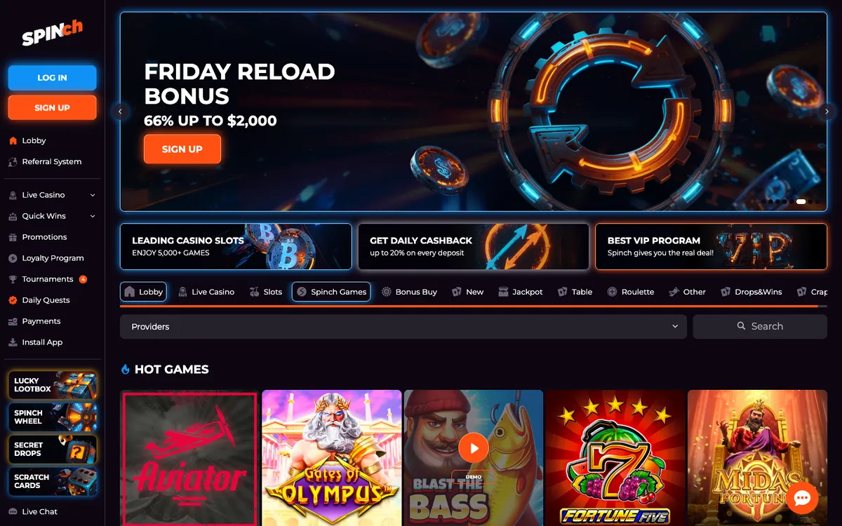 Spinch Casino — «Главная», снято из страны Канада