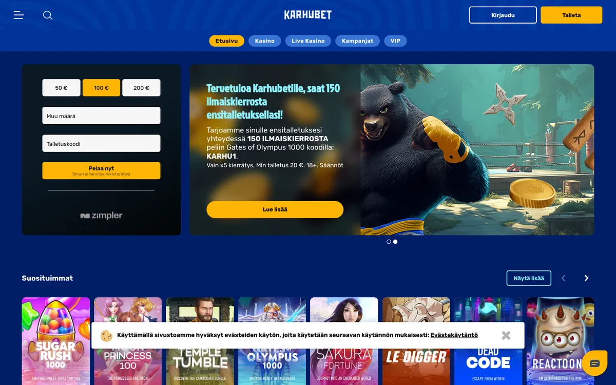 KarhuBet Casino — Home page, captured from Finland