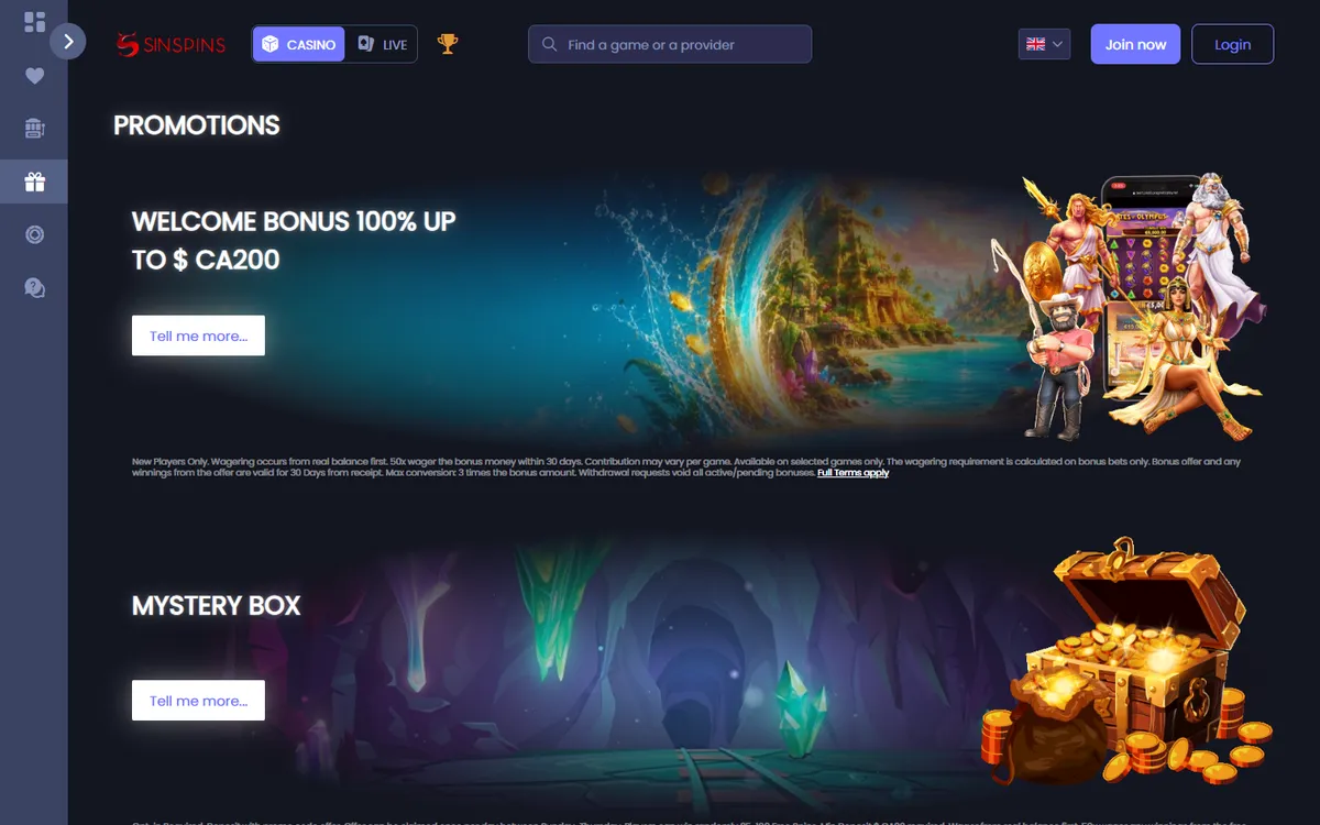 Sin Spins Casino — Promotions, captured from Canada