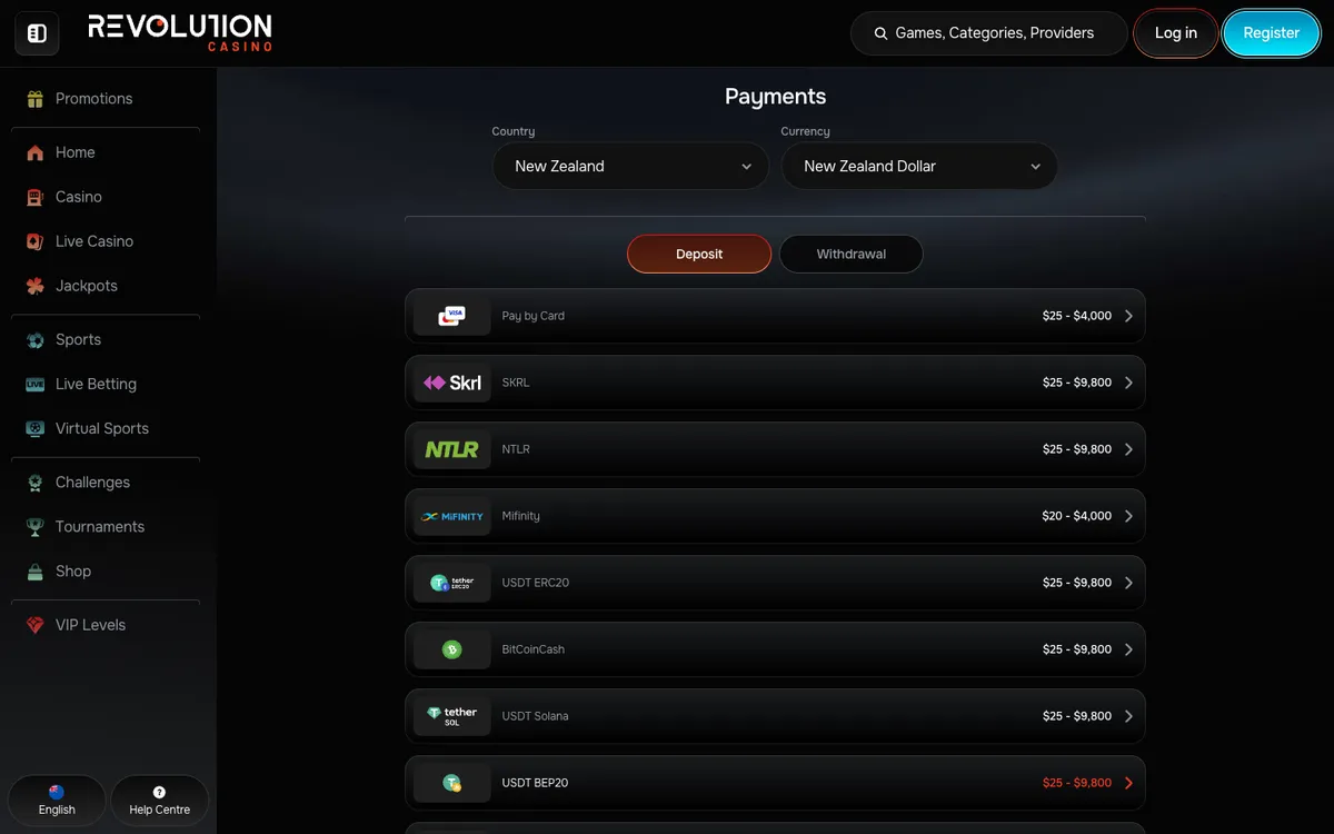 Revolution Casino — Payments, captured from New Zealand