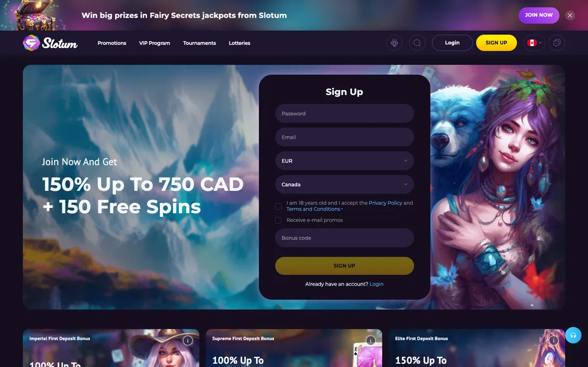 Slotum Casino — Home page, captured from Canada