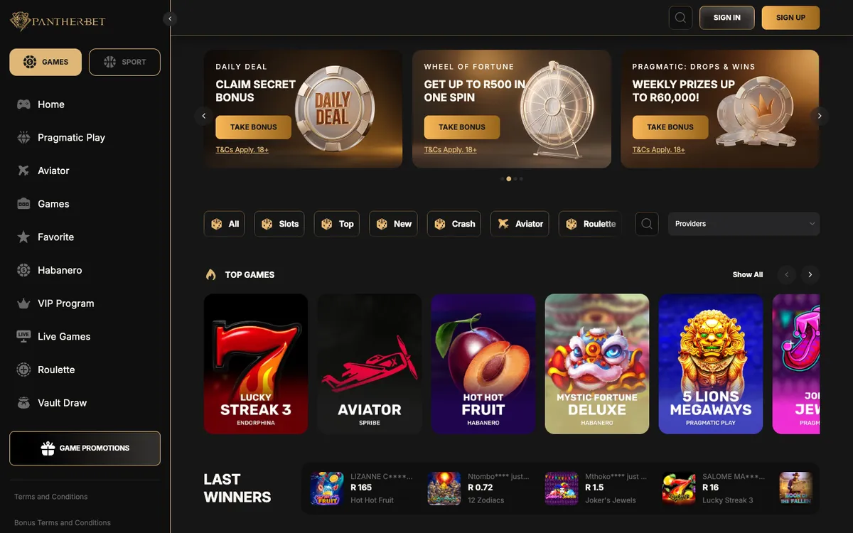 PantherBet Casino — Home page, captured from South Africa