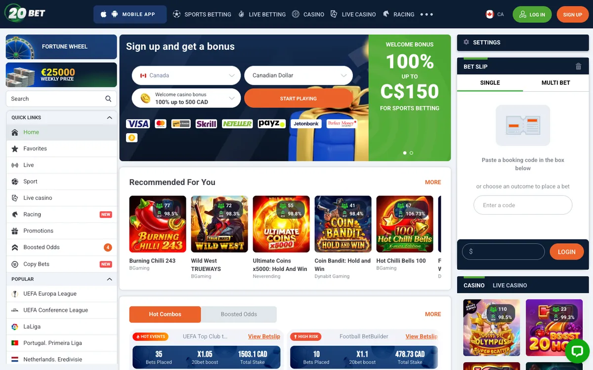 20bet Casino — Home page, captured from Canada