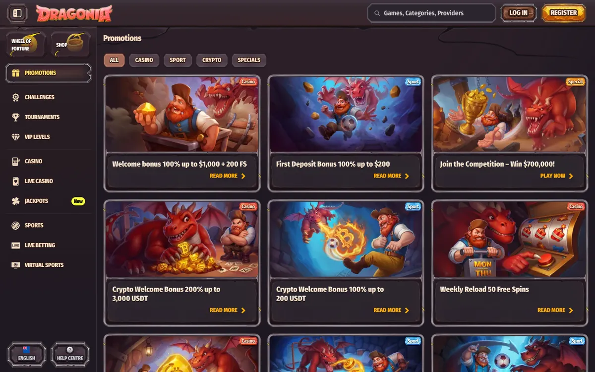 Dragonia Casino — Promotions, captured from New Zealand