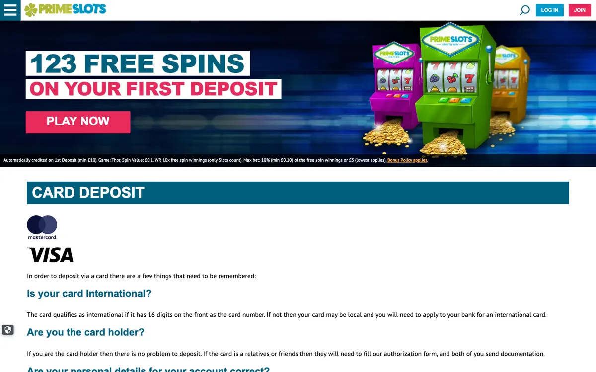 Prime Slots Casino — Payments, captured from United Kingdom