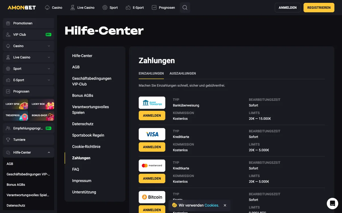 Amonbet Casino — Payments, captured from Germany