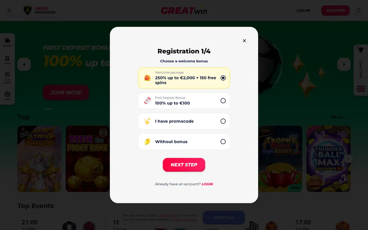 GreatWin Casino — «Регистрация», снято из страны Новая Зеландия