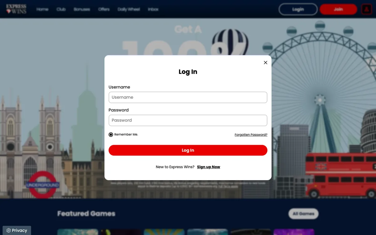 Express Wins Casino — Sign-up, captured from United Kingdom