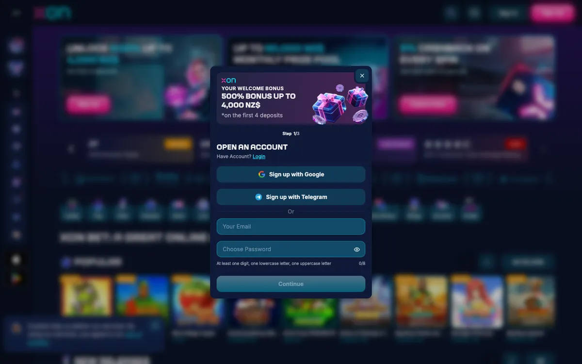 Xon Bet Casino — «Регистрация», снято из страны Новая Зеландия