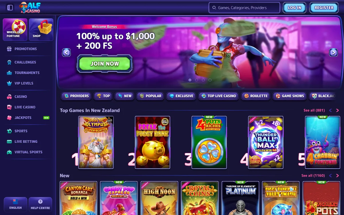 Alf Casino — Home page, captured from New Zealand
