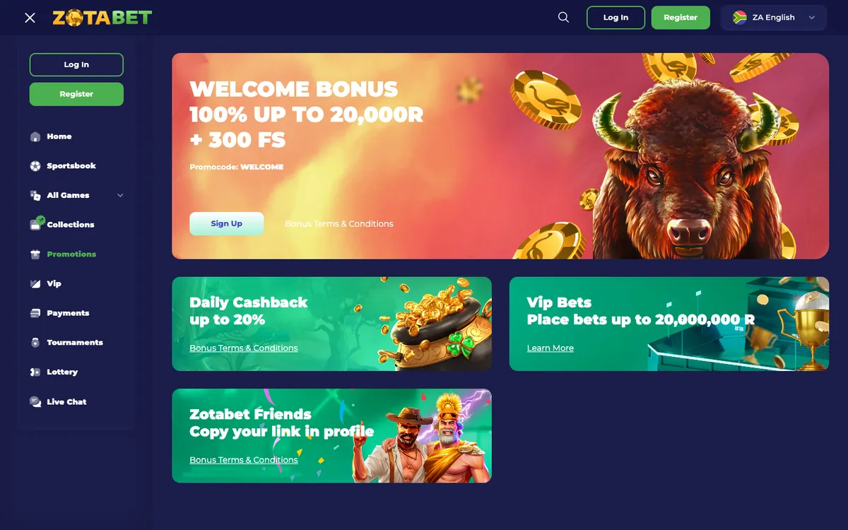 Zotabet Casino — Promotions, captured from South Africa