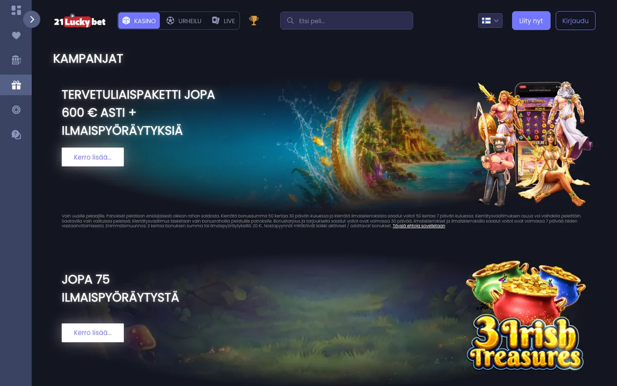 21LuckyBet Casino — Promotions, captured from Finland