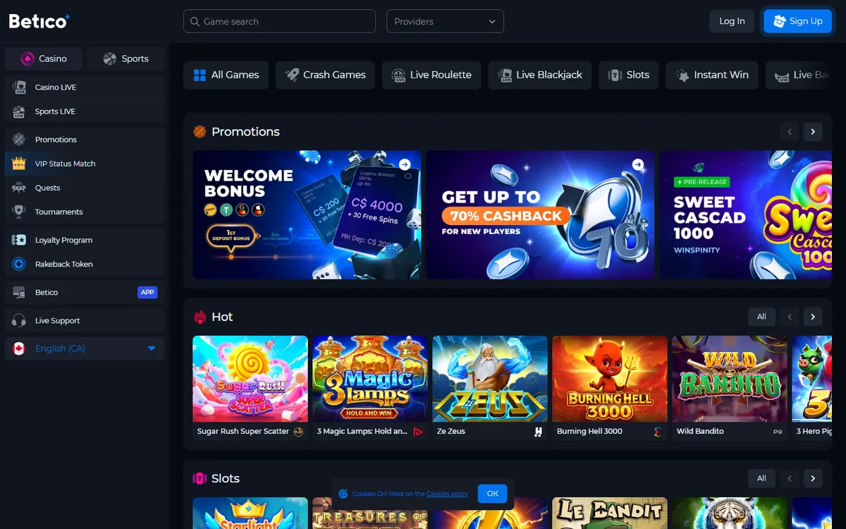 Betico Casino — Home page, captured from Canada