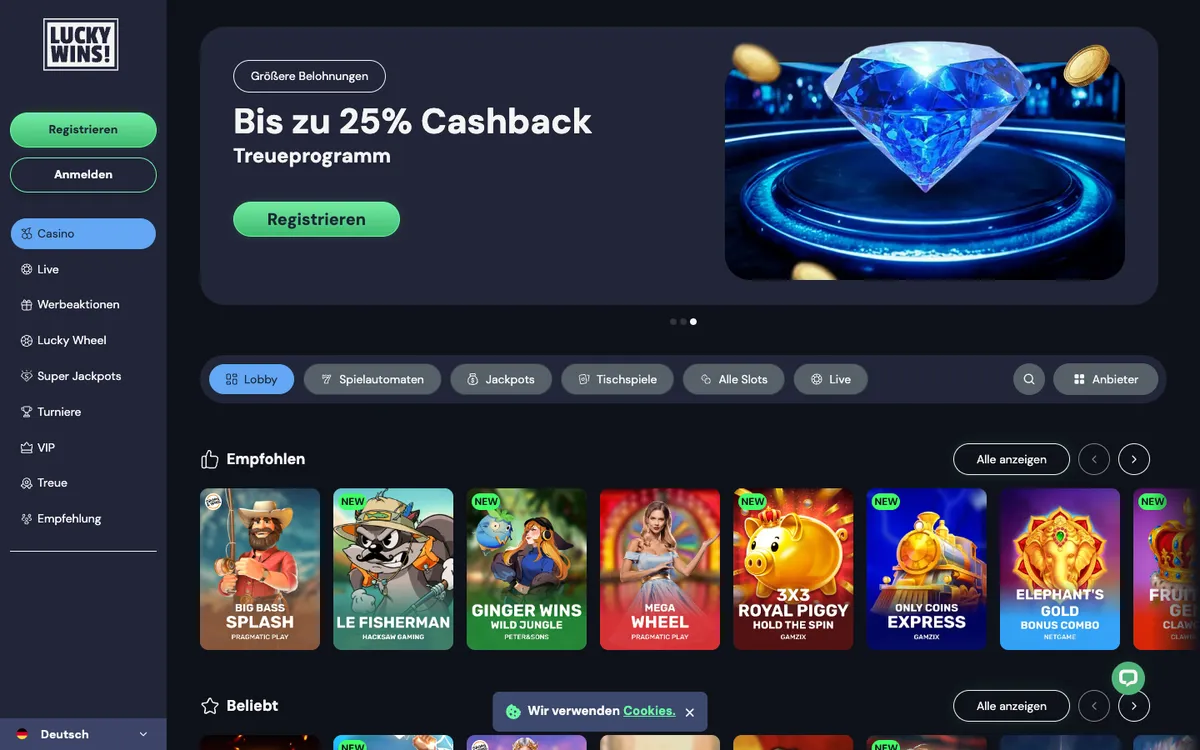 LuckyWins Casino — Home page, captured from Switzerland