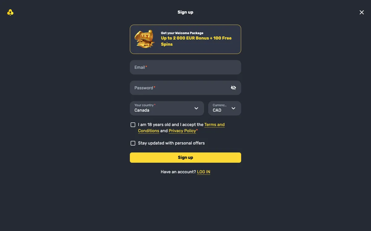 RocketPlay Casino — Sign-up, captured from Canada