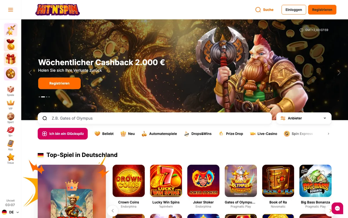 HitNSpin Casino — Home page, captured from Germany