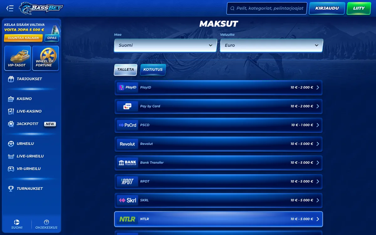 Bassbet Casino — Payments, captured from Finland