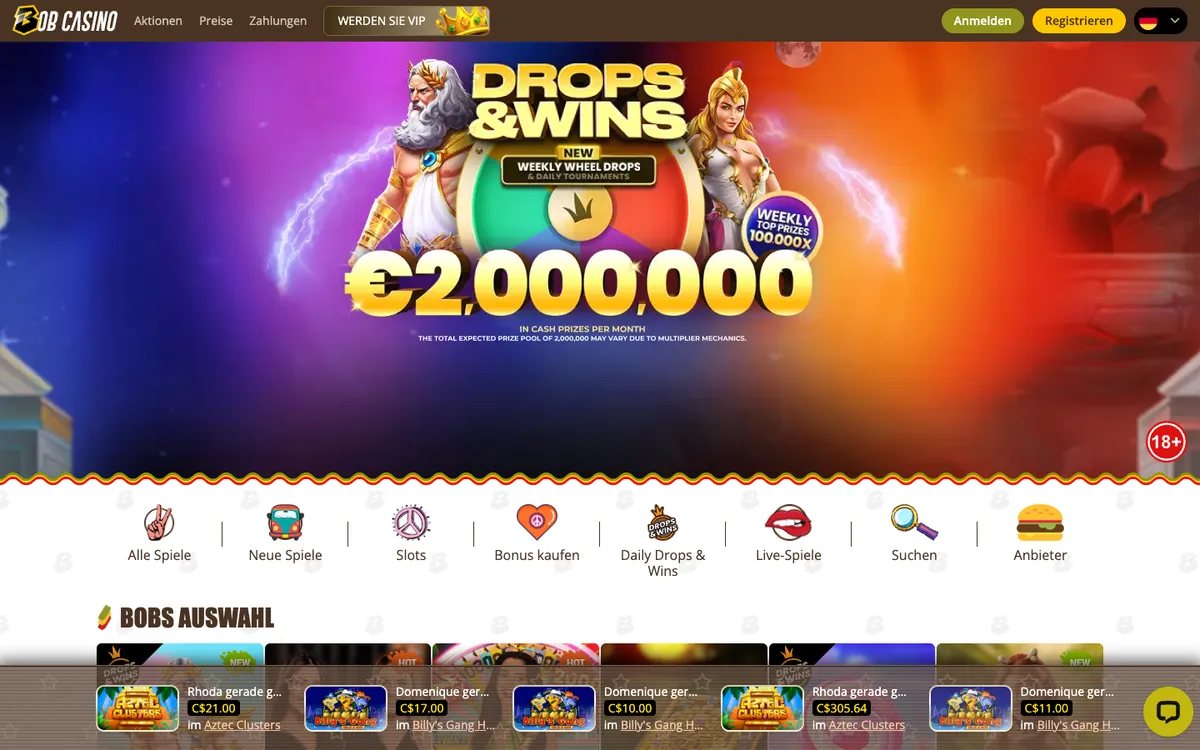 Bob Casino — Home page, captured from Germany