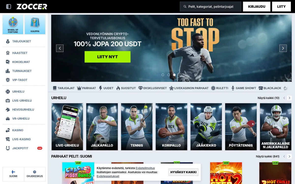 Zoccer Casino — Home page, captured from Finland