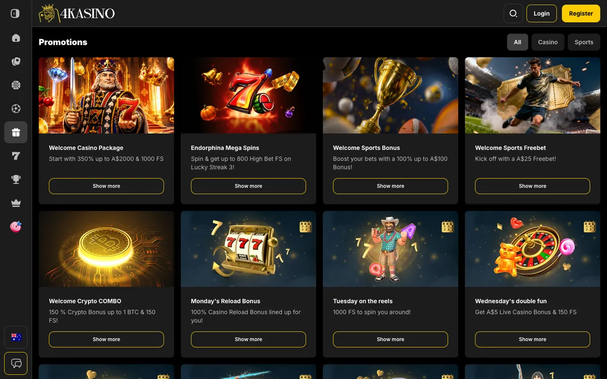 4Kasino Casino — Promotions, captured from Australia