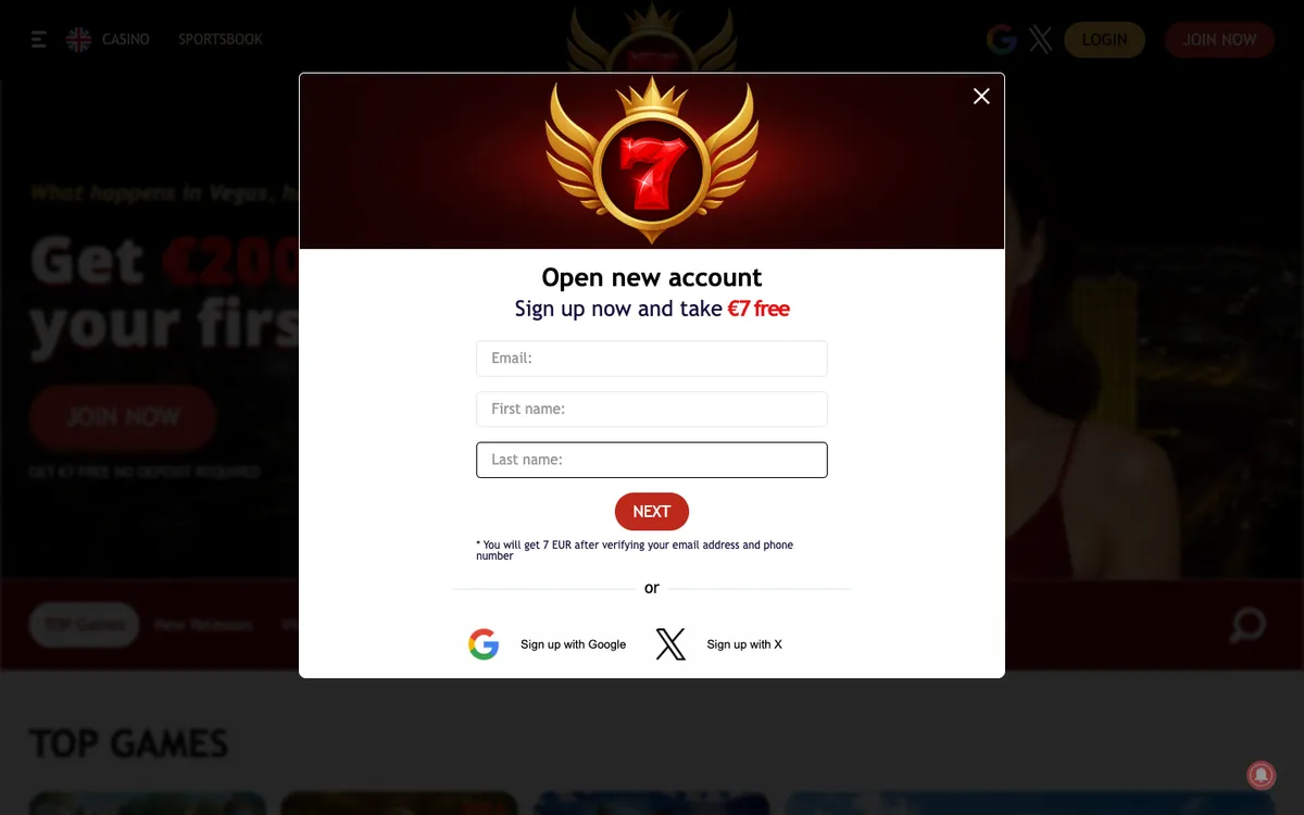 7Red Casino — Sign-up, captured from Spain