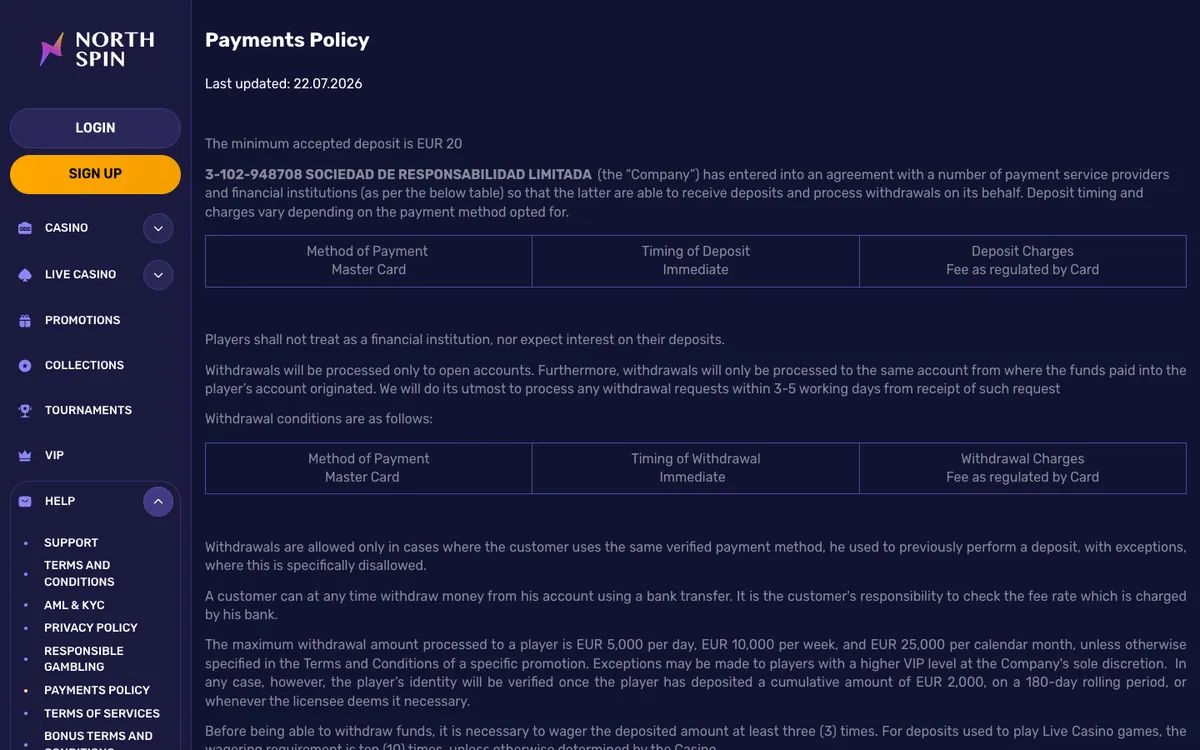 North Spin Casino — Payments, captured from Austria