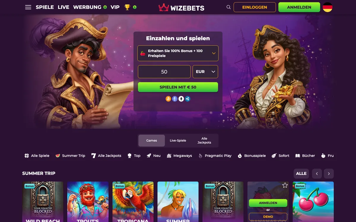 Wizebets Casino — Home page, captured from Germany