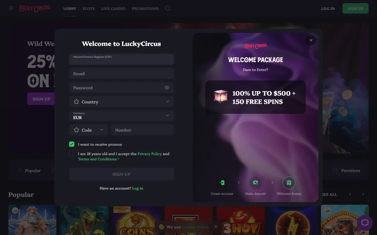 Lucky Circus Casino — Sign-up, captured from Canada
