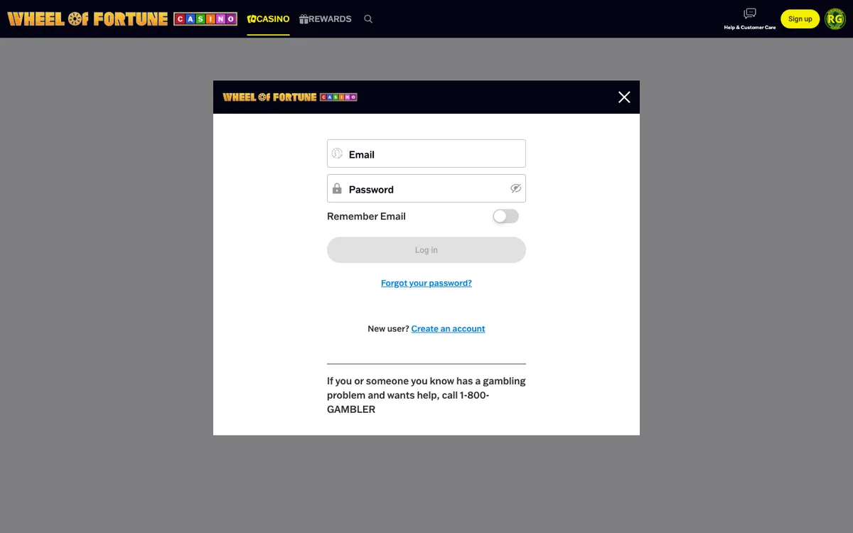 Wheel of Fortune Casino USA — Sign-up, captured from United States