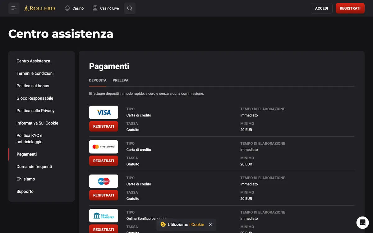 Rollero Casino — «Платежи», снято из страны Италия